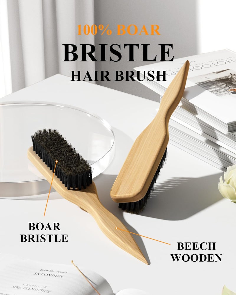 Samnyte Boar Bristle Slick Back Hair Brush - Smooths Flyaways, Frizz Control - Soft Smoothing Hairbrush to Create Sleek Ponytails, Buns & Styling Edges - Teasing Brush for Women & Men with Fine/Medium Hair - Image 1